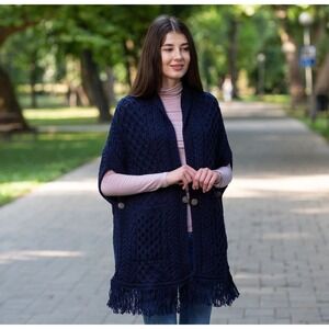SAOL Ireland Shawl Irish Cape 100% Merino Wool Aran Knit Cardigan Pockets Navy